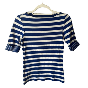 Blue and White Ribbed T-Shirt with 3/4 Cuffed Sleeves